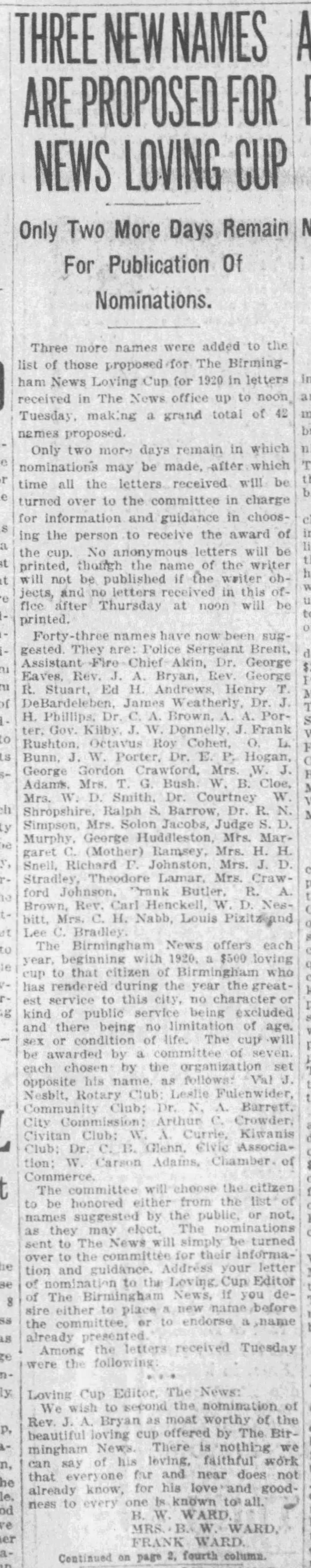 Three New Names Are Proposed for News Loving Cup